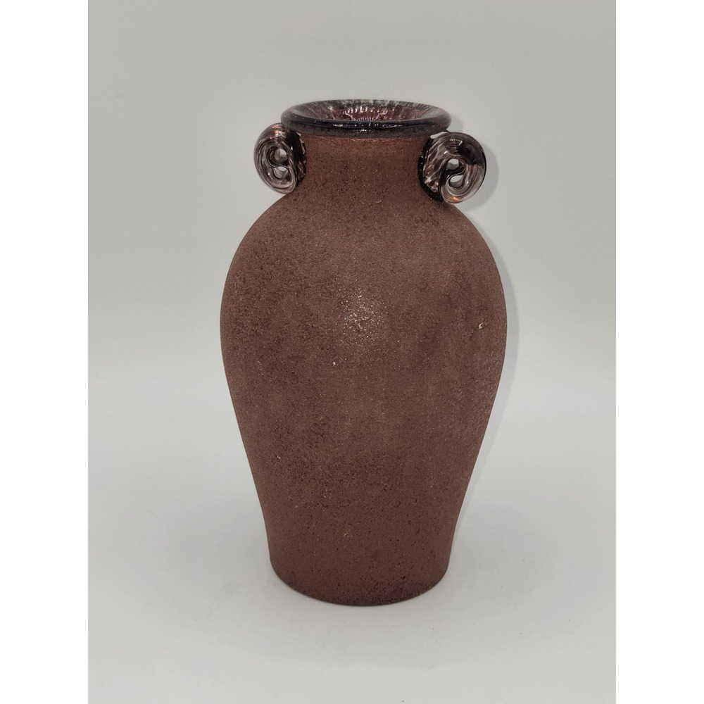 Vintage Art Glass Amphora Vase Brown Satin Finish Applied Scroll Handles